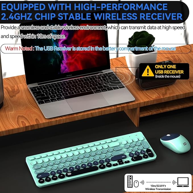 FD Wireless Keyboards and Mouse Combo - 2.4GHz USB Cordless, Cute Wireless Keyboard Round Keys, Quiet and Slim Set for Laptop, Computer, TV and Mac - Indigo Blue Colorful-DeskoryOffice