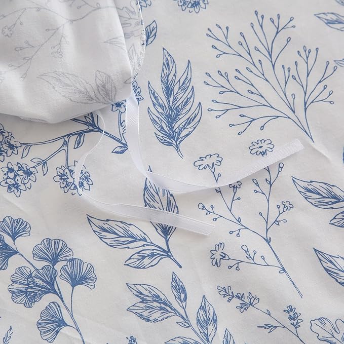 mixinni Blue Flower Duvet Cover Full Leaves Pattern 100% Cotton Full Size - Image 6