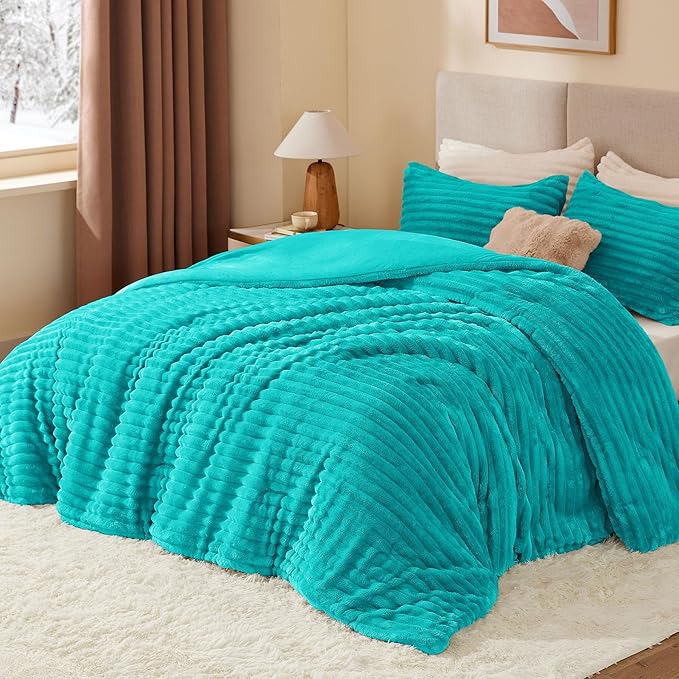 BEDELITE Fleece King Comforter Set -Super Soft & Warm Fluffy Teal Bedding - Image 2