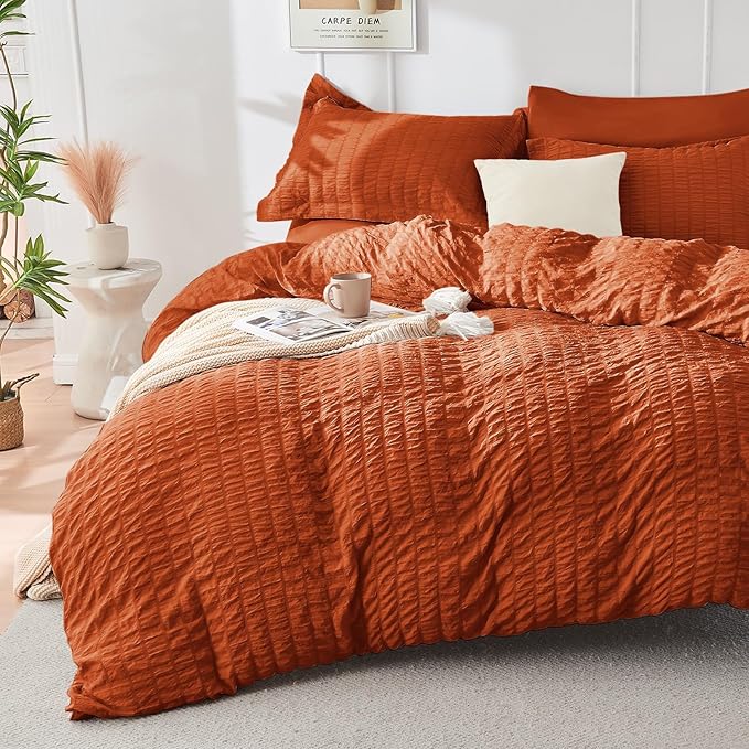 HYMOKEGE Burnt Orange Duvet Cover Queen Size, Ultra Soft 3-Piece Seersucker by HYMOKEGE