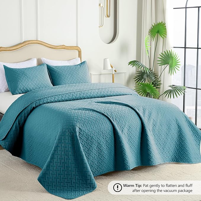 FLYMME Quilts Queen Size, Lightweight Teal Bedspreads, Basket Weave Pattern - Image 2