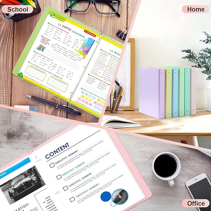 0.5 inch 3-Ring Binder, 1/2 inch Round Ring Binder with 2 Inside Pockets, Clear View Cover Binders Holds 8.5'' x 11''Paper，Pastel Color Binders for Office/Home/School Supply, 6 Pack-DeskoryOffice