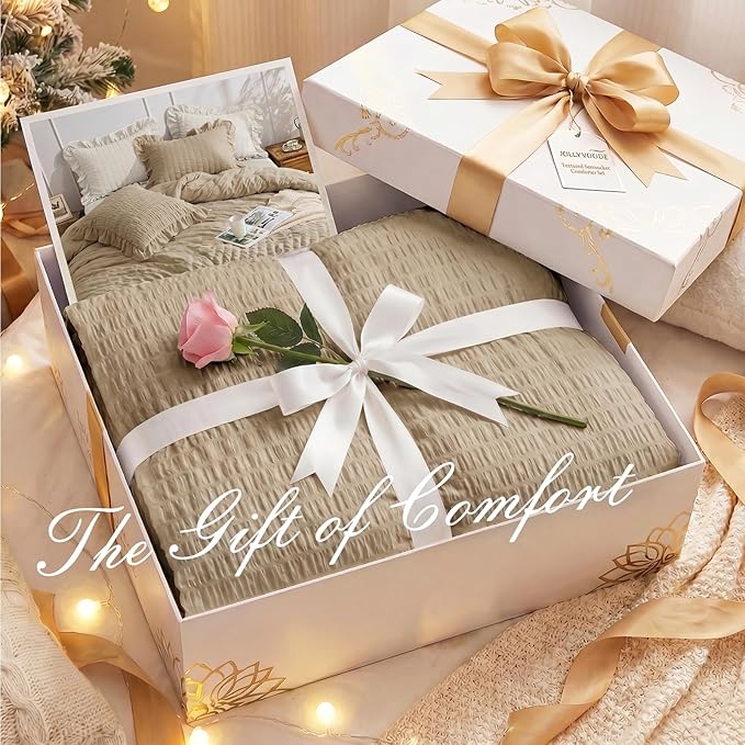 JOLLYVOGUE Queen Comforter Set, 3 Pieces Khaki Seersucker Comforters Queen Size - Image 9