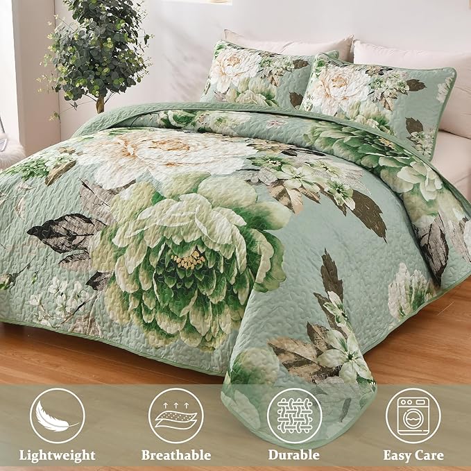 WONGS BEDDING Floral Quilt Set Queen, Sage Green 3 Pieces Elegant Flower - Image 3