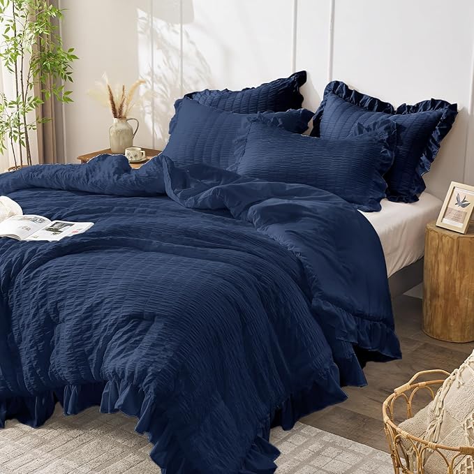 JOLLYVOGUE Navy Blue King Comforter Set, 3 Pieces Seersucker Comforters King - Image 2