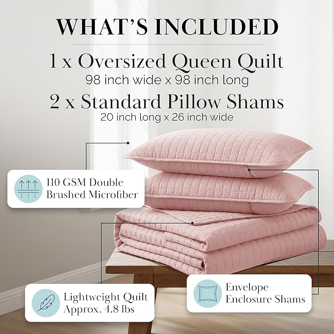 Southshore Fine Living, Inc. Stitched Pink Queen Quilt Bedding Set, Oversized - Image 2