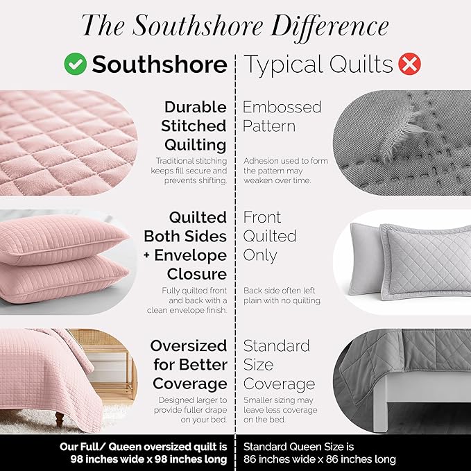 Southshore Fine Living, Inc. Stitched Pink Queen Quilt Bedding Set, Oversized - Image 4