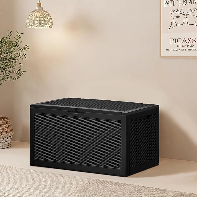 100 Gallon Resin Deck Box, Waterproof Outdoor Storage Bin for Patio Furniture, Pool Accessories, and Garden Tools, Lockable & UV-Resistant, Black-DeskoryOffice