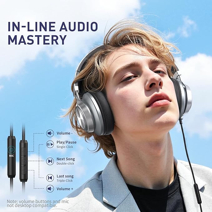 AILIHEN C90 Wired Headphones with Microphone Volume Control, Noise Reduction Over Ear Headphones Wired 3.5mm, Super Soft Corded Headphone for Cellphones, Tablet and Chromebook (Grey)-DeskoryOffice