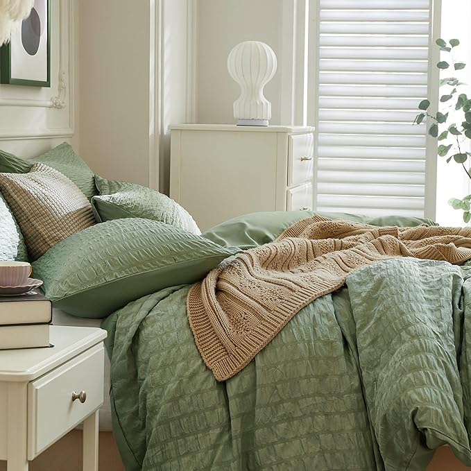 JELLYMONI Dark Green Duvet Cover King Size, Soft Breathable Seersucker Duvet - Image 7