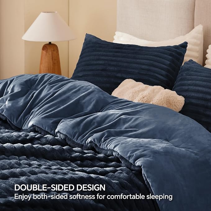 BEDELITE Fleece Twin Comforter Set -Super Soft & Warm Fluffy Navy Blue Bedding - Image 5