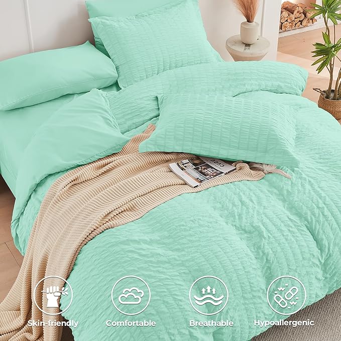 HYMOKEGE Mint Green Twin Comforter Set Seersucker 5 Pieces, All Season Luxury - Image 3