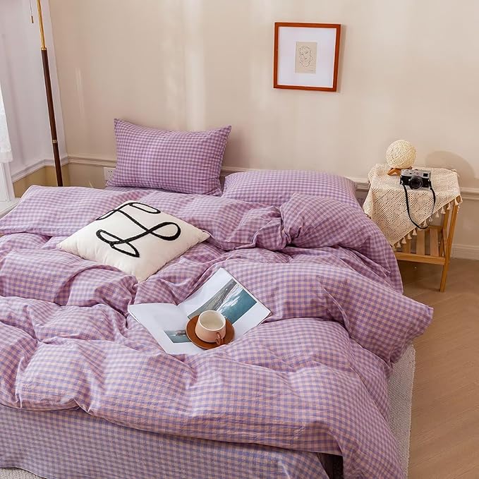 mixinni Purple Gingham Grid Duvet Cover King, 100% Washed Cotton Modern by mixinni