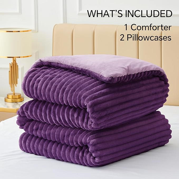 BEDELITE Fleece King Comforter Set -Super Soft & Warm Fluffy Purple Bedding - Image 7