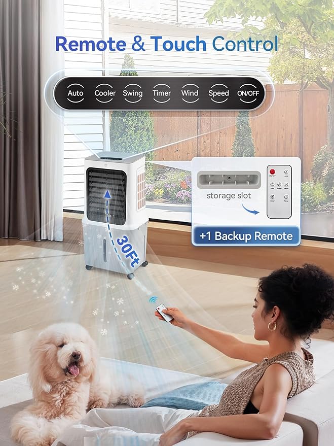 10 Gal Evaporative Air Cooler, 3000CFM Quiet Portable Air Conditioners, 35" Fast Cooling Swamp Cooler, 120° Oscillation, 12H Timer, 3 Speeds & Modes Remote Control for Living Room|Bedroom|Garage-DeskoryOffice