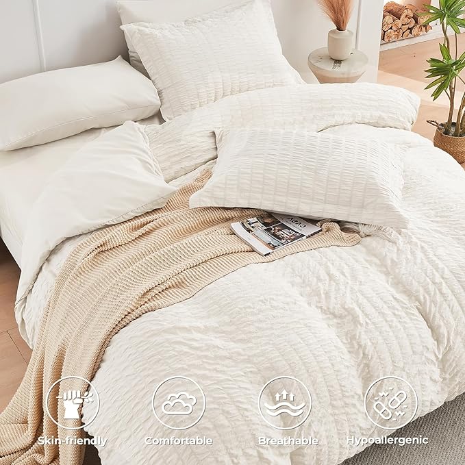 HYMOKEGE Ivory California King Comforter Set Seersucker 7 Pieces, All Season - Image 3