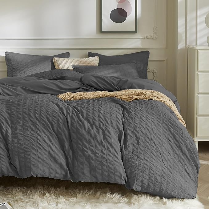 JELLYMONI Charcoal Grey Duvet Cover Twin Size, Soft Breathable Seersucker Duvet by JELLYMONI