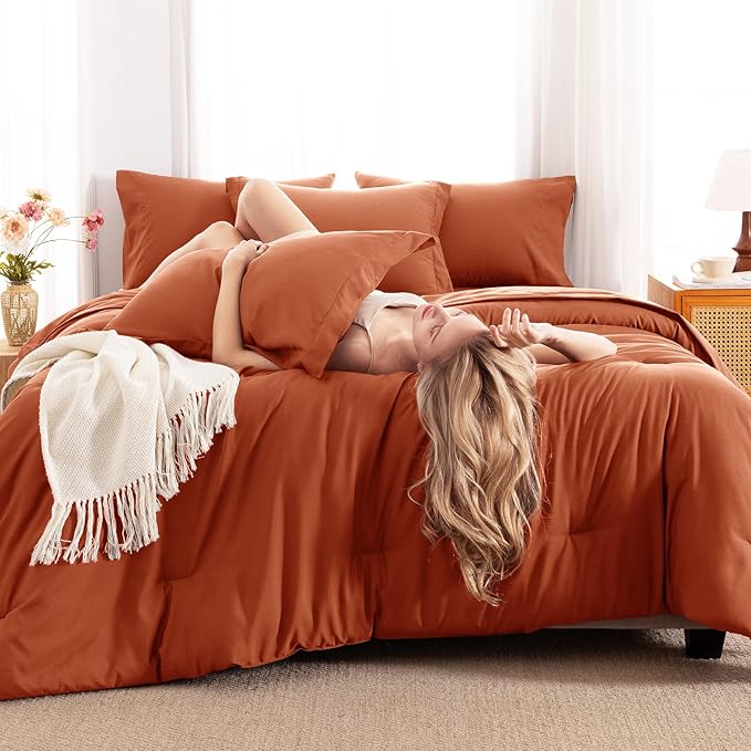 CozyLux Full Comforter Set Burnt Orange, 7 Pieces Bed in a Bag Terracotta - Image 4