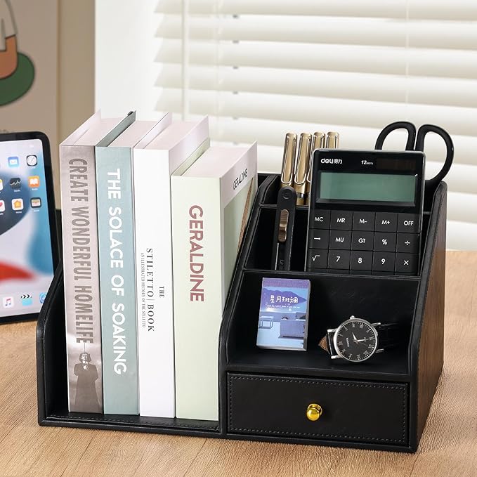 KINGFOM PU Leather Desk Organizer, Multifunction 6 Compartment Desk Organizers and Accessories for Office Supplies, Pen Pencil Holder/Book Mail Organizer Holder for Desk with Drawer(Black)-DeskoryOffice