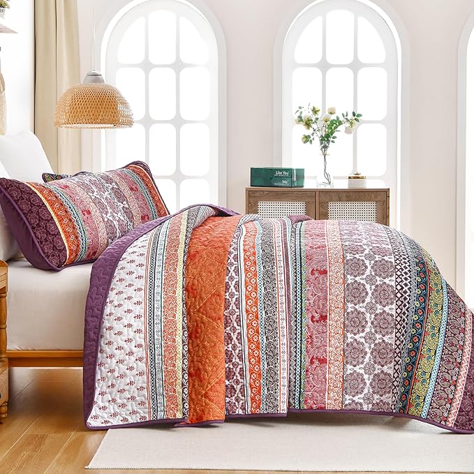 WONGS BEDDING Boho Quilt Set Queen Size, Lightweight Soft Microfiber Bedding Set - Image 4