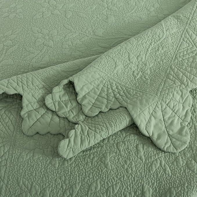 Brandream Luxury King Quilt Set Cotton Sage Green Floral Vine Stitching - Image 8