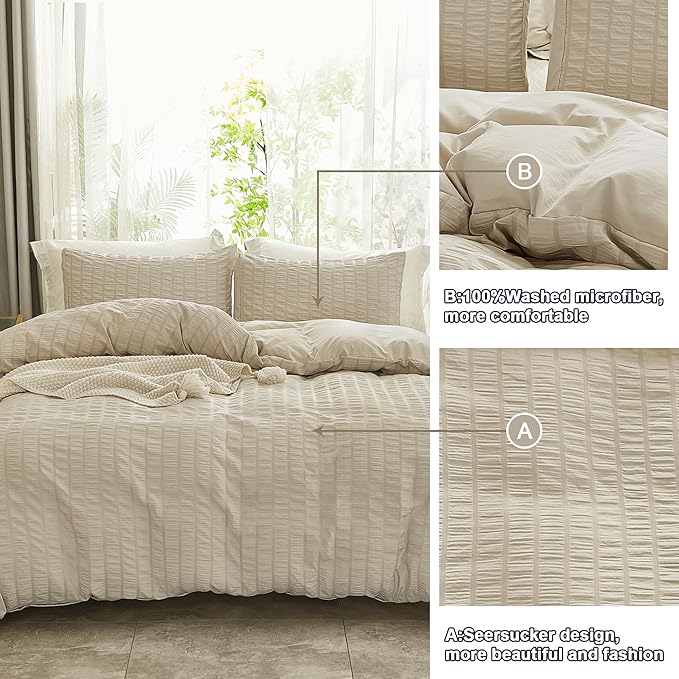 AveLom Beige Seersucker Duvet Cover Set Queen Size, 3 Pieces, Ultra Soft Washed - Image 5