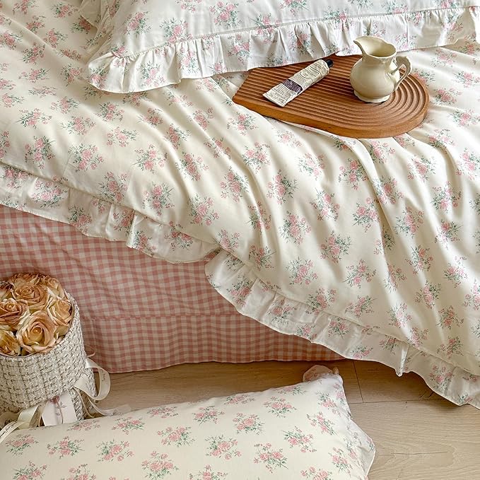 mixinni Pink Floral Duvet Cover Set Twin Size - Image 4