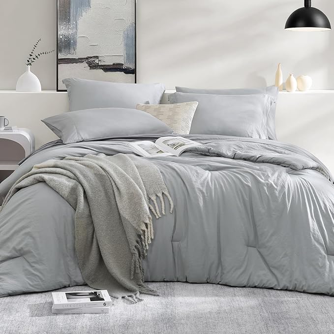 WRENSONGE Full Size Comforter Sets- 7 Pieces Soft Light Grey Bed in a Bag by WRENSONGE