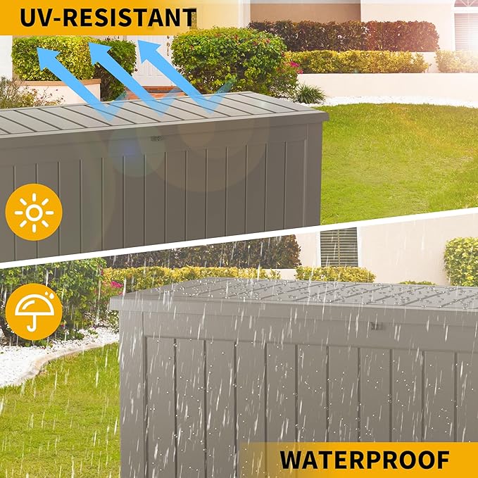 100 Gallon Outdoor Storage Box Waterproof Lockable Resin Deck Box Large, Patio Storage Bin for Pool Accessories Cushion Furniture, Garden Tools, UV-Resistant Outside Delivery Grey-DeskoryOffice