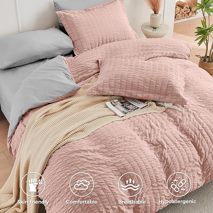 HYMOKEGE Rose Gold/Light Grey King Size Comforter Set Seersucker 7 Pieces - Image 3