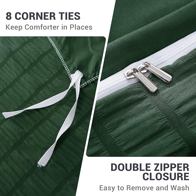 HYMOKEGE Dark Green Duvet Cover King Size, Ultra Soft 3-Piece Seersucker Duvet - Image 5