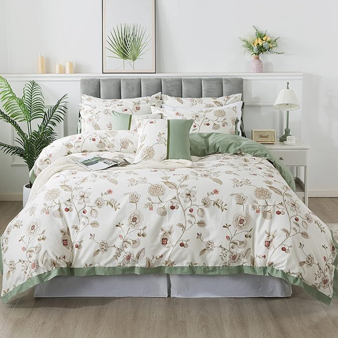 FADFAY Floral Bedding Set King/Cal King 100% Cotton Shabby and Chic Beige Green - Image 8