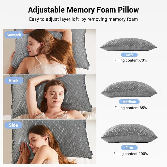 puredown® Pillows Queen Size Set of 2, Shredded Memory Foam Pillows, Cooling - Image 4
