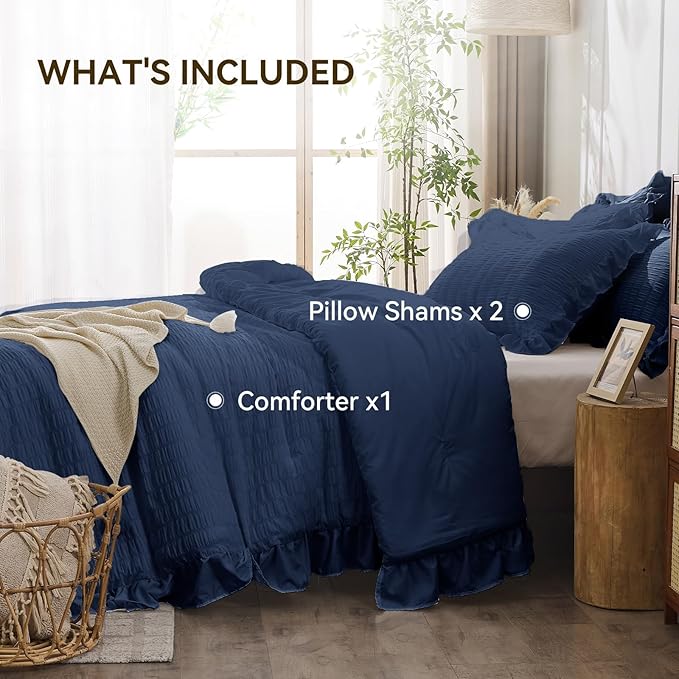 JOLLYVOGUE Navy Blue Queen Comforter Set, 3 Pieces Seersucker Comforters Queen - Image 6