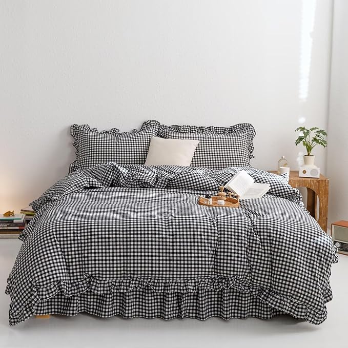 MKXI Black and White Gingham Duvet Cover Twin, 3-Piece Ruffled Bedding Set - Image 5