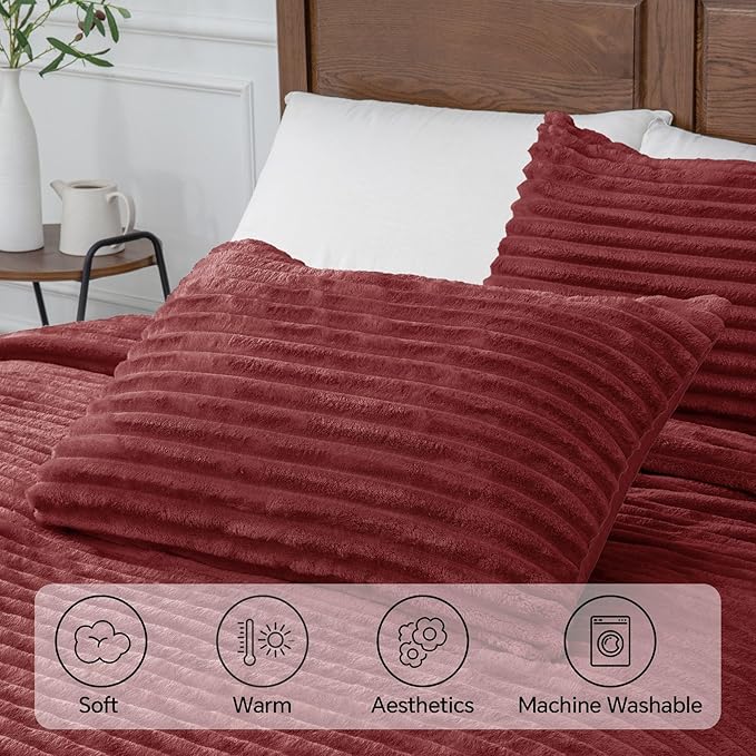 BEDELITE Fleece King Comforter Set -Super Soft & Warm Fluffy Burgundy Bedding - Image 5