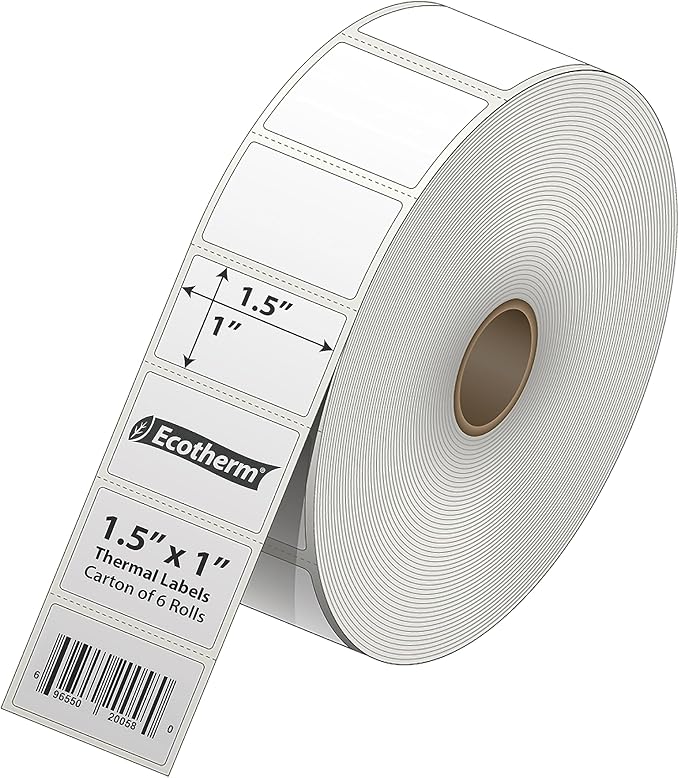 1.5" x 1" Thermal Labels | 6 Rolls | 11400 Labels | fits Zebra, Godex, Arkscan, iDPRT, Offnova Thermal Label Printers and More | Blank White Adhesive Stickers by Ecotherm-DeskoryOffice