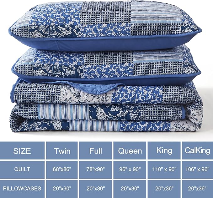 Mybedsoul Blue Quilt Set California King, 3 Pieces Plaid Floral Bedspread Set - Image 6