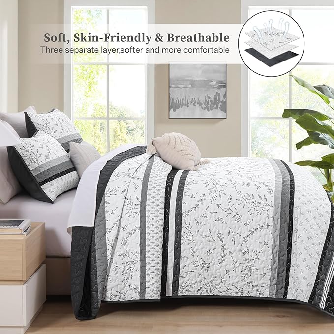 Quilt Set Queen Size, 3 Piece Soft Lightweight Microfiber Quilt Bedding Set - Image 4