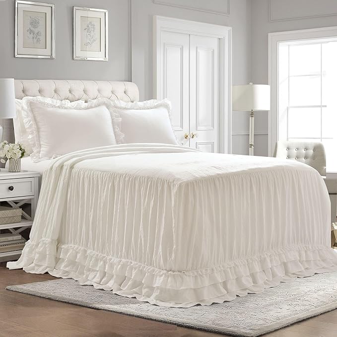 Lush Decor Ella Ruffle Lace Bedspread, 3 Piece Set, King, Neutral - Cute Bed Set - King Bedding - Beige Bedding - Coquette Decor - Neutral Ruffle Trim - Beige Lace Trim