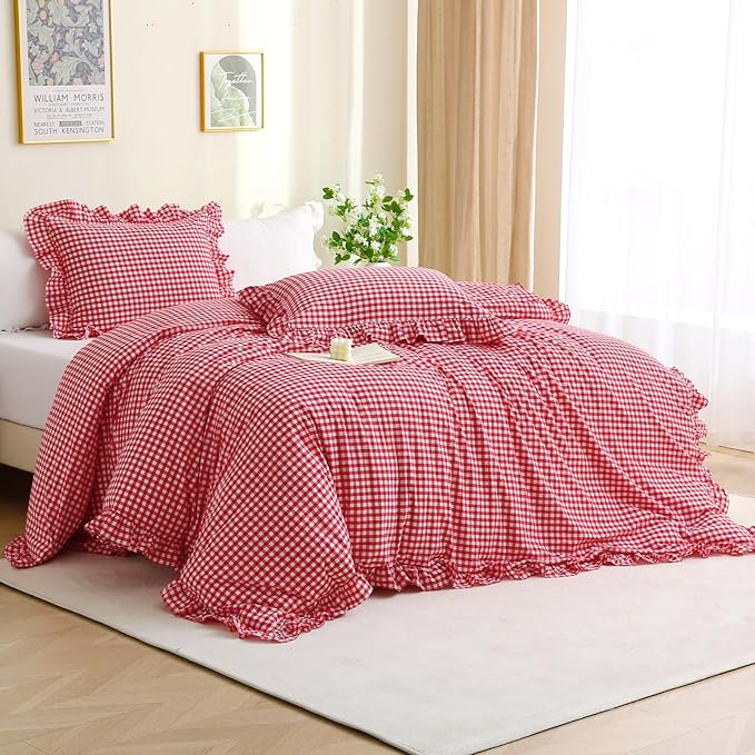 Silnuo Red/White Checkered Ruffle 3-Piece Duvet Cover Set King Size, Washed by Silnuo