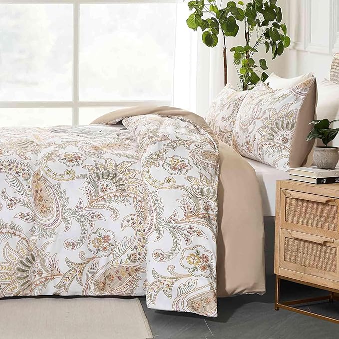 Nanko Paisley Comforter Set King Size 3 Pcs, Tan Taupe Classy Boho Damask - Image 3