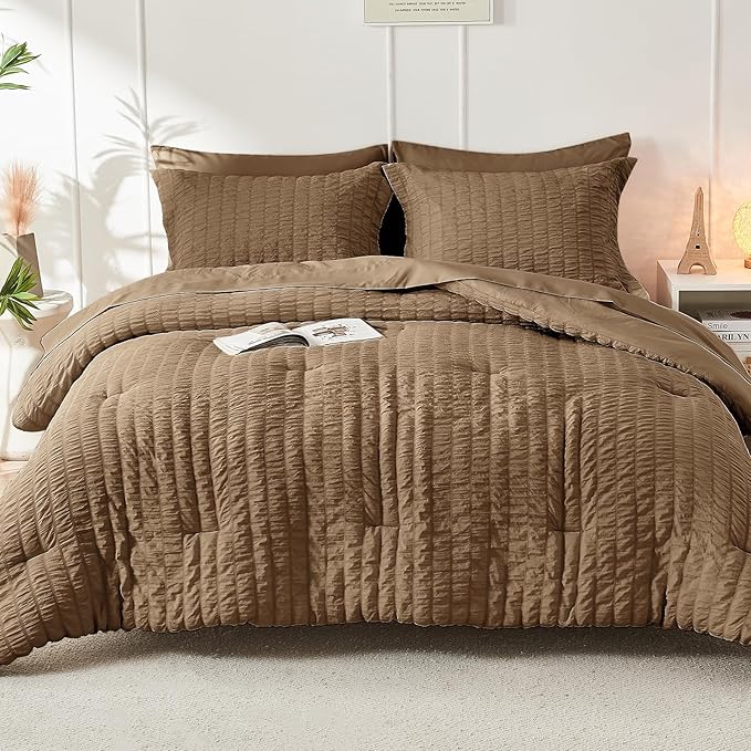 HYMOKEGE Brown Twin Comforter Set Seersucker 5 Pieces, All Season Luxury Bed in - Image 9