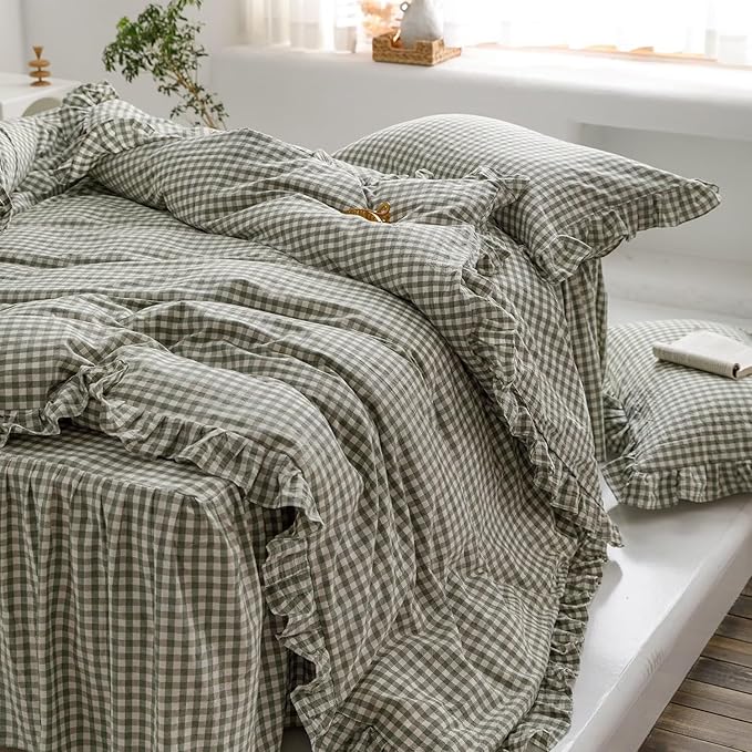 MKXI Sage Green Gingham Duvet Cover Full, 3-Piece Ruffled Bedding Set - Image 5