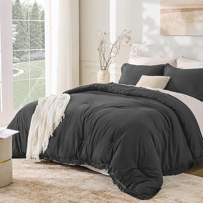 Andency Comforter Set Oversized King Dark Grey 120x120, 3 Pieces Boho Fall by Andency
