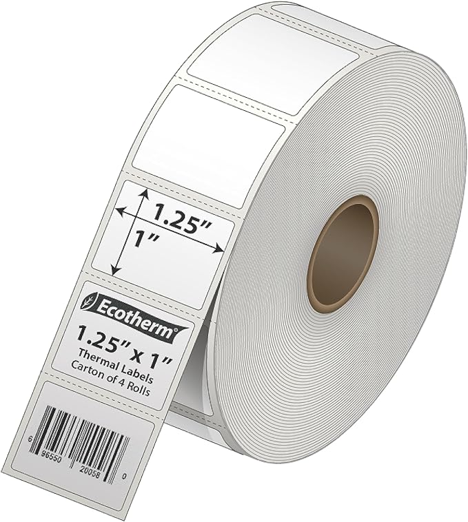 1.25" x 1" Thermal Labels | 4 Rolls | 5520 Labels | fits Zebra, Godex, Arkscan, iDPRT, Offnova Thermal Label Printers and More | Blank White Adhesive Stickers by Ecotherm-DeskoryOffice