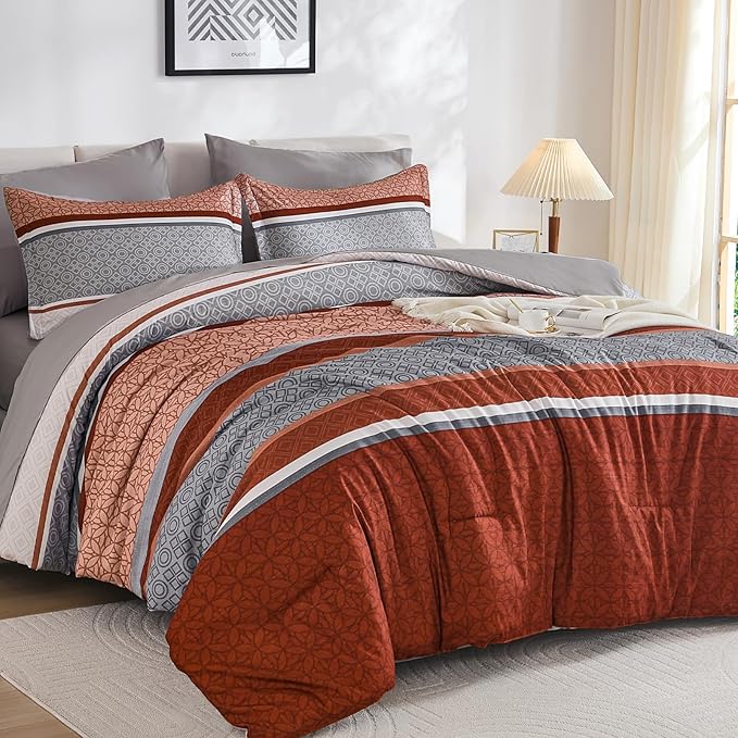 WONGS BEDDING 7 Pieces Comforter Set Queen Size, Burnt Orange Striped Bed in a by WONGSBEDDING