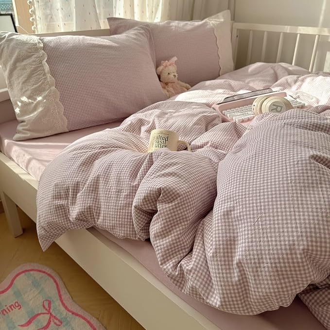 mixinni Purple White Gingham Duvet Cover Queen Size - Image 2
