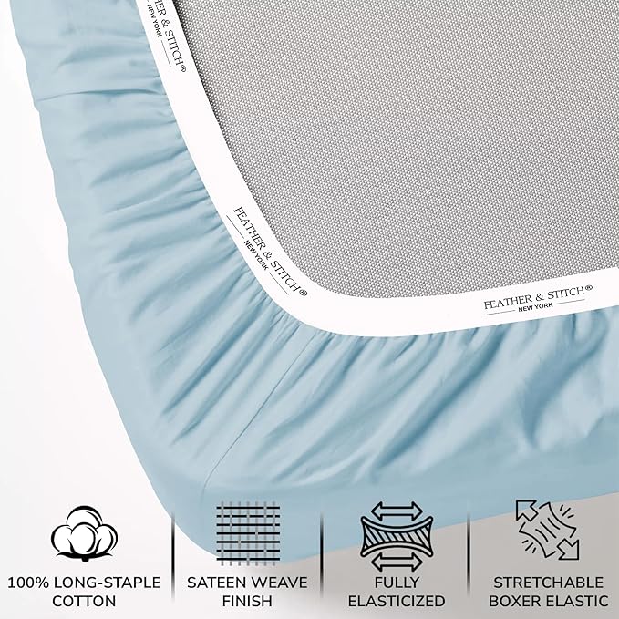 Feather & Stitch 1 Piece Fitted Sheet Twin Size, 100% Cotton Damask Sateen Weave - Image 2