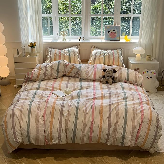 mixinni Vintage Striped Duvet Cover Set Queen, 3-Piece 100% Washed Cotton - Image 2